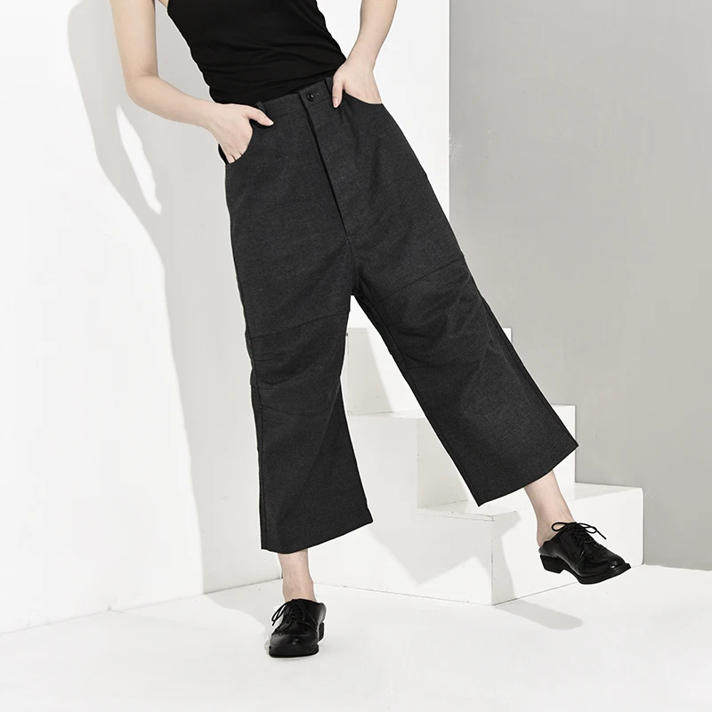 Женские брюки LANMREM серые с высокой талией до колена свободные YA77402 | Женская