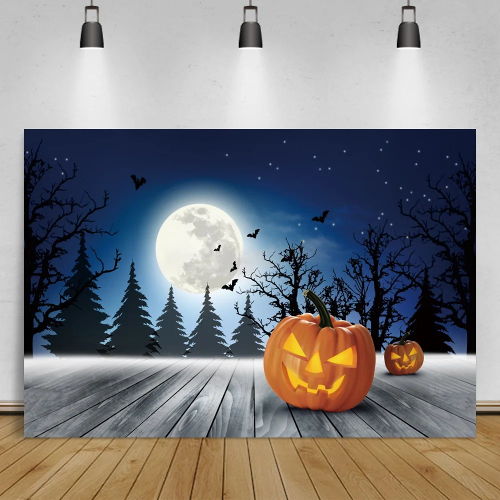 

Laeacco Halloween Party Wooden Boards Floor Pumpkin Night Scenic Moon Dark Forest Child Photographic Background Photo Studio