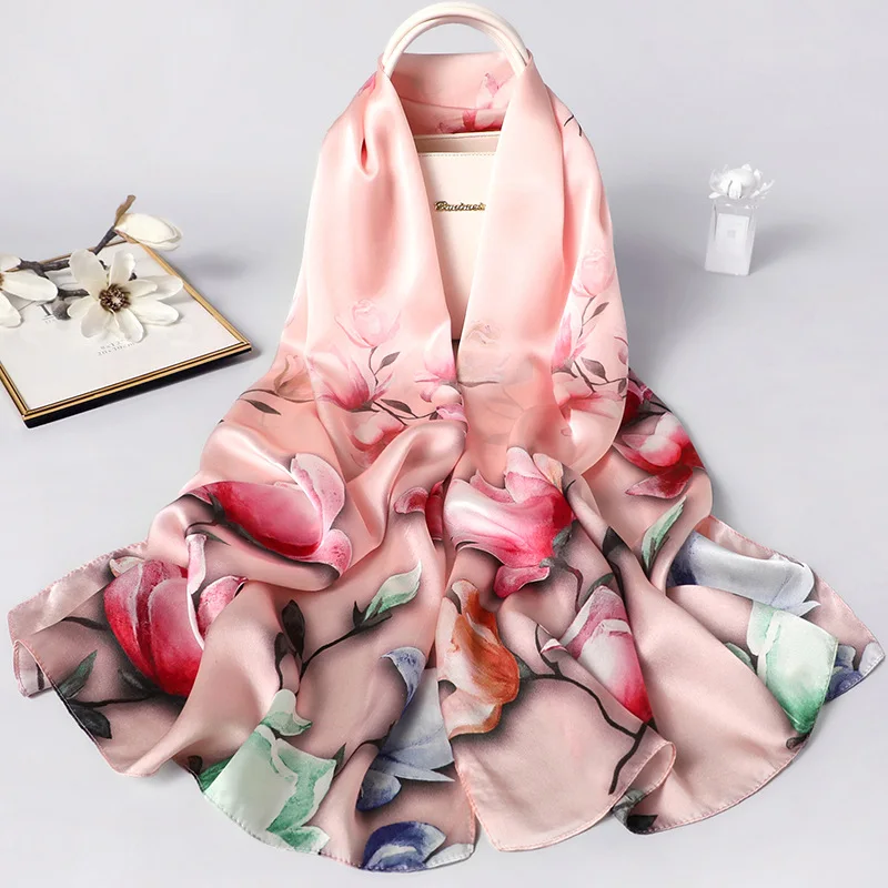 

Women Natural Silk Scarf Fashion Print Shawls Office Lady Elegant Wraps Female Hijab Beach Bandana Beautiful Gift 53x170cm