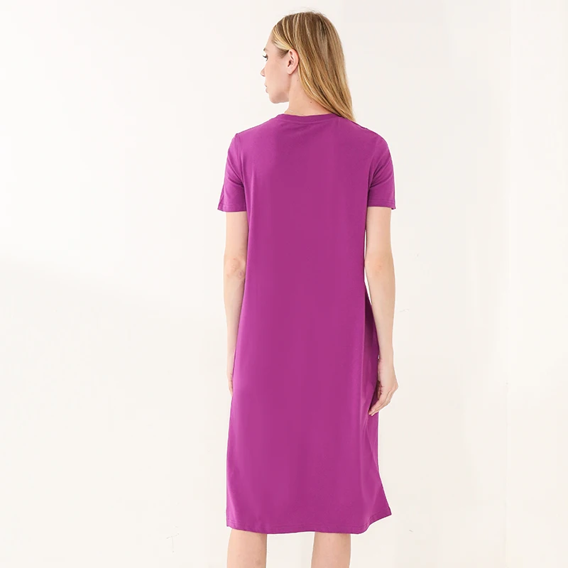 

Casual Women Split Long Dress O-neck Short Sleeve Solid blue Summer Cotton T shirt Dress Sales M30465