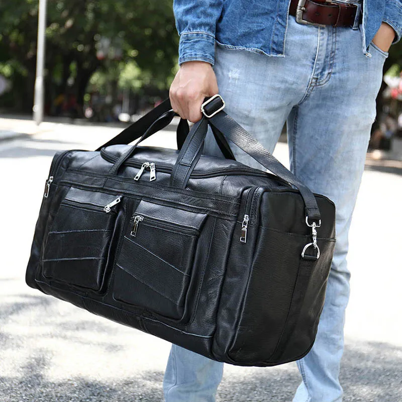 Luufan Big Capacity Genuine Leather Travel Bag Men Women Soft Black Casual Travel Duffel Large Luggage Weekend Shoulder Bag