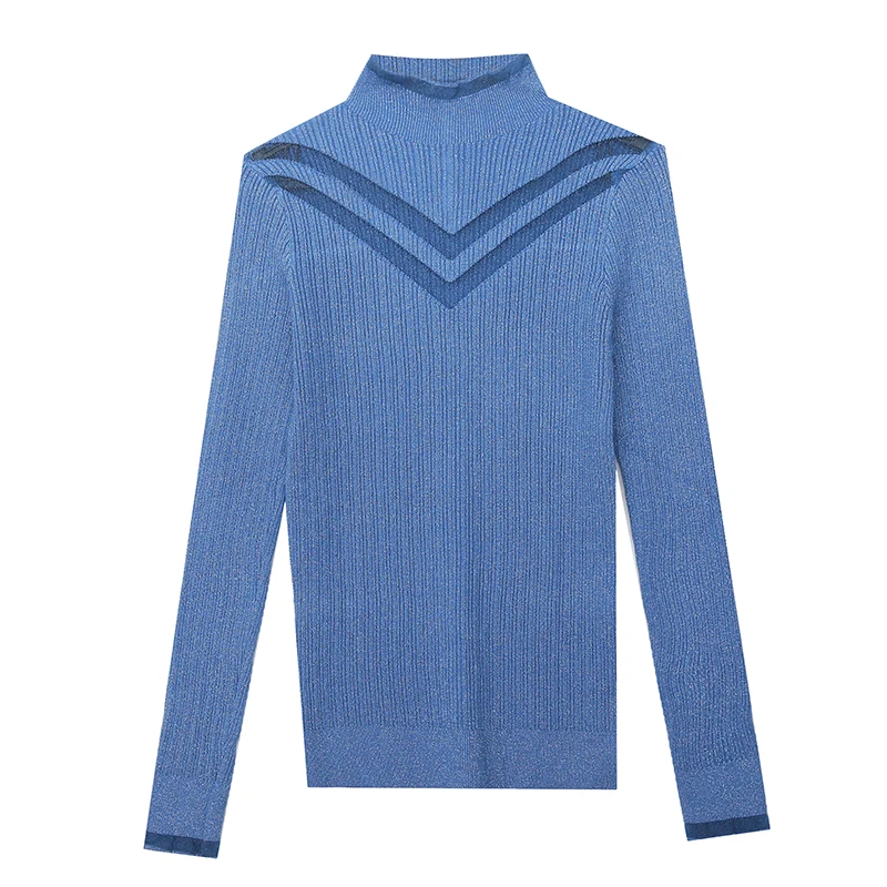 

New winter sexy hollow out net yarn splicing knit female half bright silk turtle neck top render unlined upper garment sweater