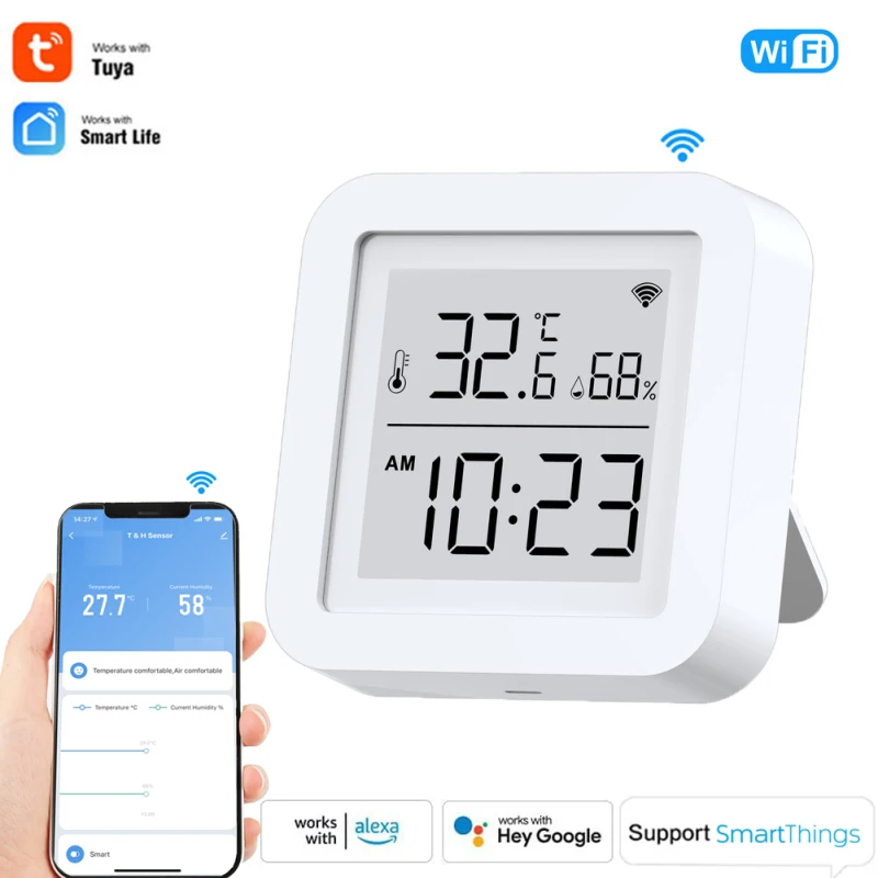 

2021 Tuya WIFI Smart Home Temperature And Humidity Sensor With LED Screen Works With Google Assistant And Tuya NO NEED Hub