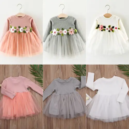 

Cute Newborn Toddler Infant Baby Girls Dress Flower Long Sleeve A-line Tulle Dresses Wedding Party Princess Dress