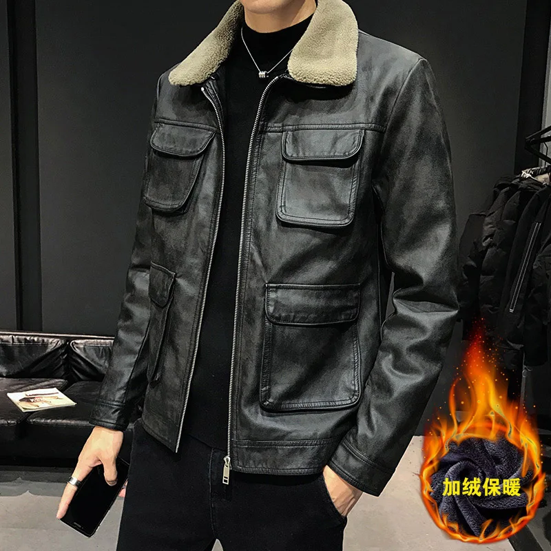 Мужская кожаная Модная приталенная Корейская зимняя куртка с меховым воротником