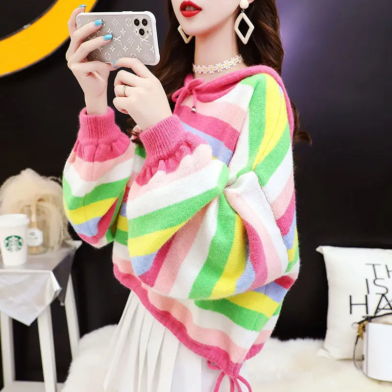 

Loose Knitted Sweater Women Striped Long Sleeve Woman Pullovers Sweaters Casual Autumn Winter Colorful Sweater