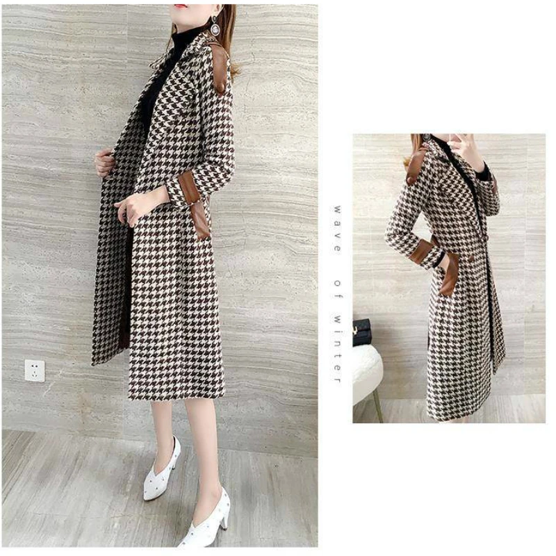 

Woman Long Plaid Woolen Coat Houndstooth Overcoat