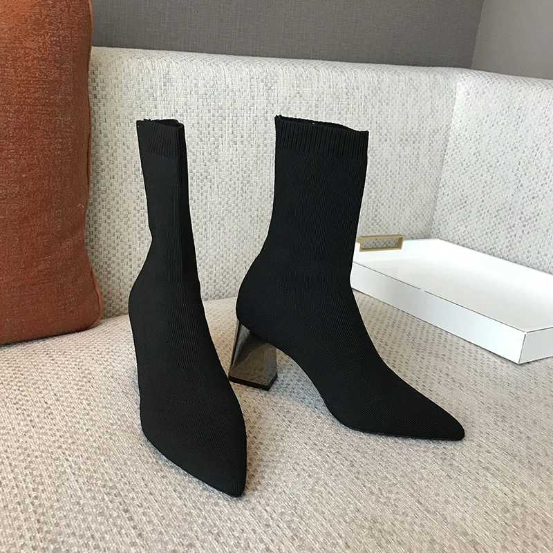 Stretch Boots Women Winter Heels Shoes Pointed Toe Ankle Women's Sock Booties With Pewter Chucky Heel Foldable Style 2020 | Обувь