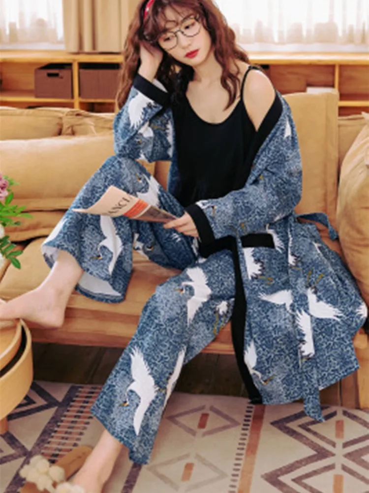 Pajama Women'S Three Piece Spring And Autumn Summer Sexy Suspender Plus Fat Loose Pure Cotton Oversize 100Kg Home Clothes