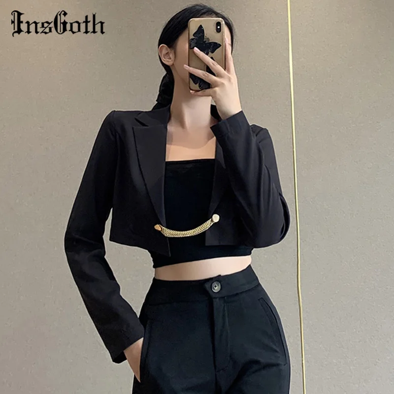 InsGoth Streerwear металлический PatchworkBlack блейзер для женщин Мода укороченный костюмы с
