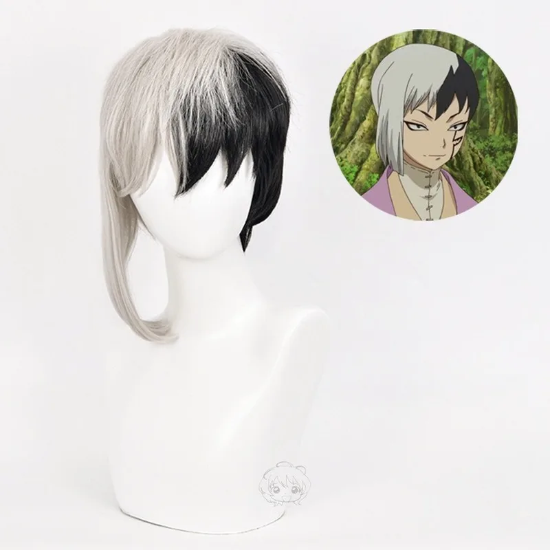 

Anime Dr.Stone Asagiri Gen Cosplay Black Grey Mixed Short Heat Resistant Synthetic Hair Halloween Carnival Party + Free Wig Cap