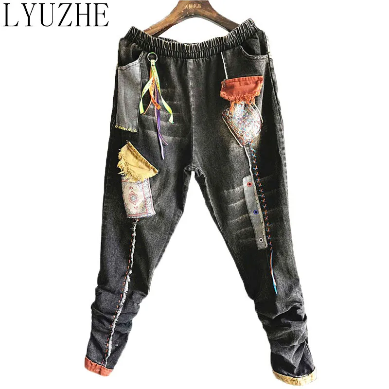 

LYUZHE Vintage Patchwork Women Pencil Pants 2021 Spring Embroidery Female Trousers Elastic Waist Denim Pants Black QDY091