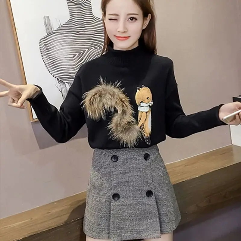 Осенний меховой свитер с рисунком лисы женский джемпер высоким воротом женские