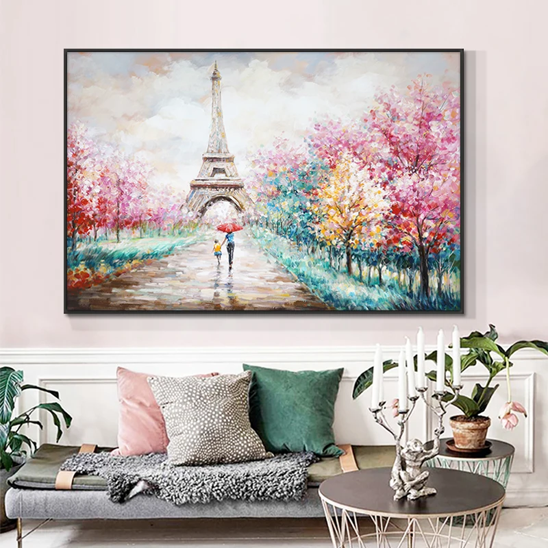 

Abstract Mother With Child Walking With Umbrella Canvas Painting Nordic Trees Tower Posters And Prints Wall Art For Home Decor