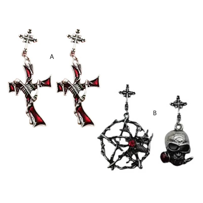 

1 Pair Women Gothic Earrings Punk Style Cross Pattern Metal Red Rhinestone Ear Pendant Drop Dangle Jewelry Gifts HX6F