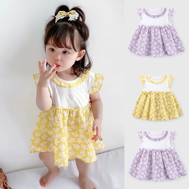 

Toddler Infant Baby Girls Summer Sleeveless Dress Sweet Floral Print Contrast Color Ruffles Trim Pleated Flared Sundress