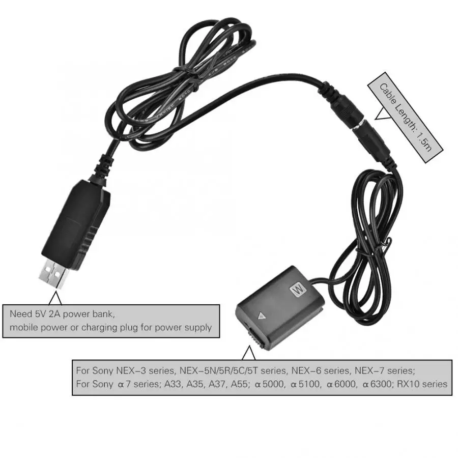 NP-FW50 USB Dummy Battery Adapter Full Decode with Cable for Sony A6300 A5000 NEX-5N ILDC cameras For Alpha | Электроника