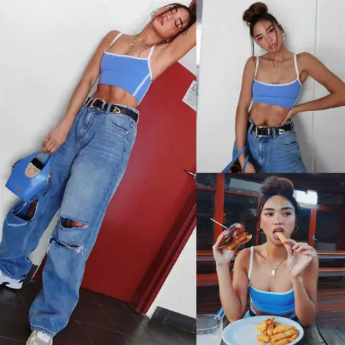 Летняя облегающая пикантная короткая майка без рукавов на бретелях открытая