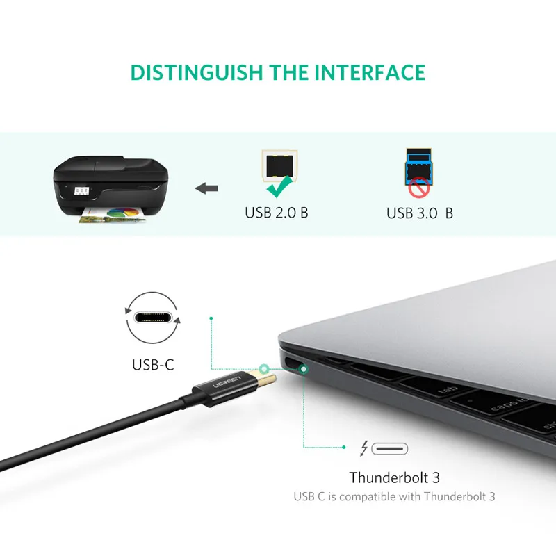 Кабель Ugreen с USB C на Type B 2 0 для нового MacBook Pro HP Canon Brother Epson Dell Samsung принтера шнур
