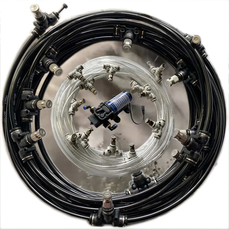 Price S381 New 6M 18M watering kits 12V DC pump mist water spray fine fog nebulizer slip lock nozzle 6mm tubing misting cooling system