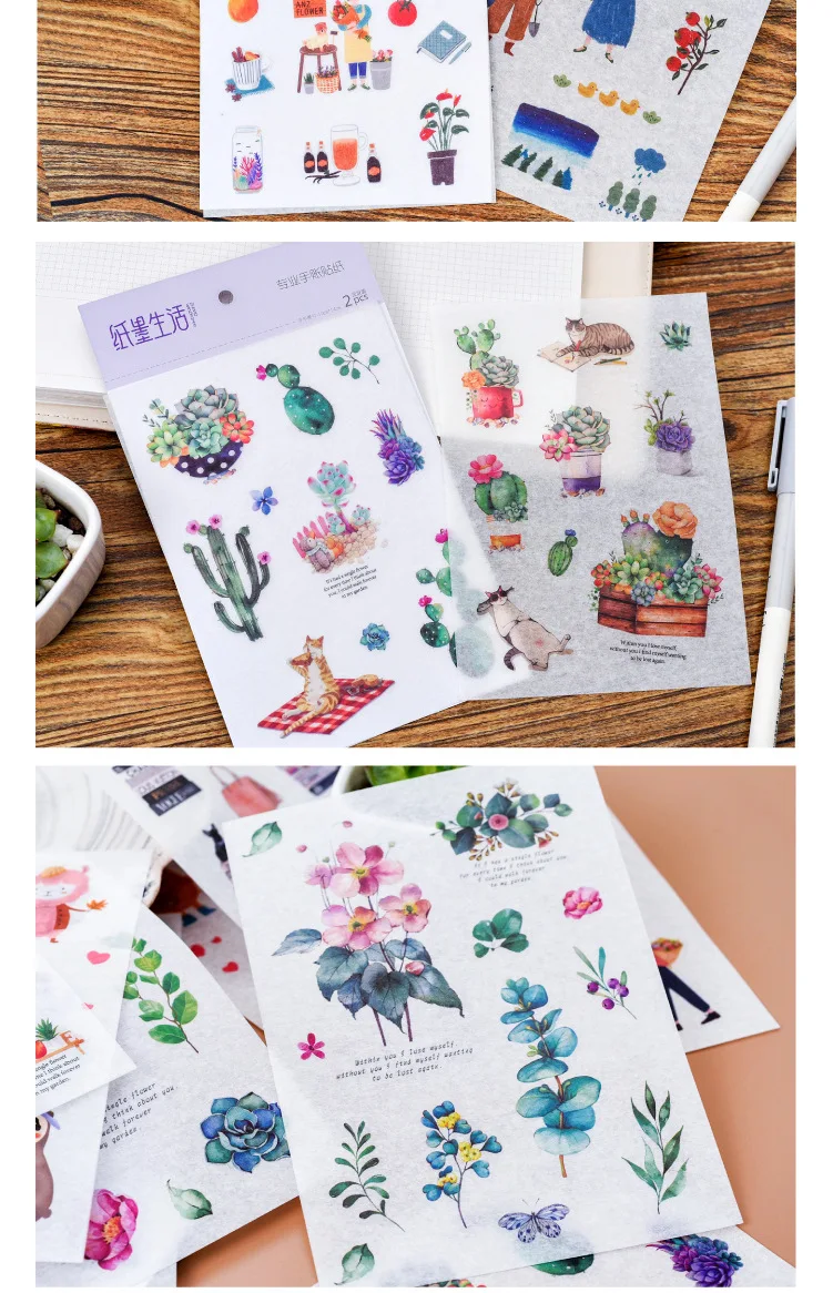 2 листа милые канцелярские наклейки s Kawaii суккуленты стикер декор с кошкой наклейка для девочек DIY Скрапбукинг дневник принадлежности для альбома
