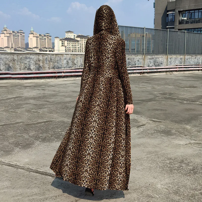 Hugcitar leopard print long sleeve hooded trench coats autumn winter women streetwear windbreak outfits