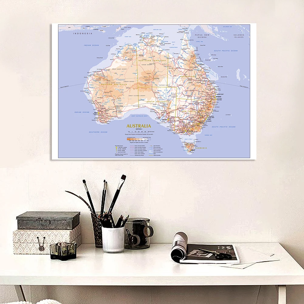 150*100cm Terrain and Traffic Route Map of The Australia Wall Poster Non-woven Canvas Painting Home Decoration School Supplies