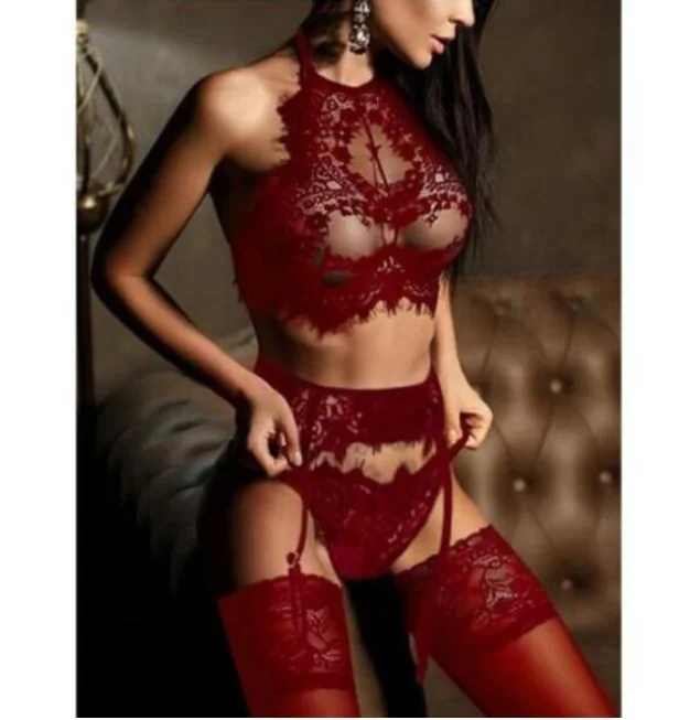 red Plus Size Women Intimates Sexy Lingerie Bra Set Lace Up Babydoll Bra G-String Thong Panties Underwear Set Nightwear S-3XL - Color: red