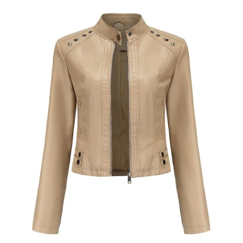 Women's rivet leather jacket short coats spring autumn long-sleeved  thin stand collar fashion new style abrigos mujer invierno