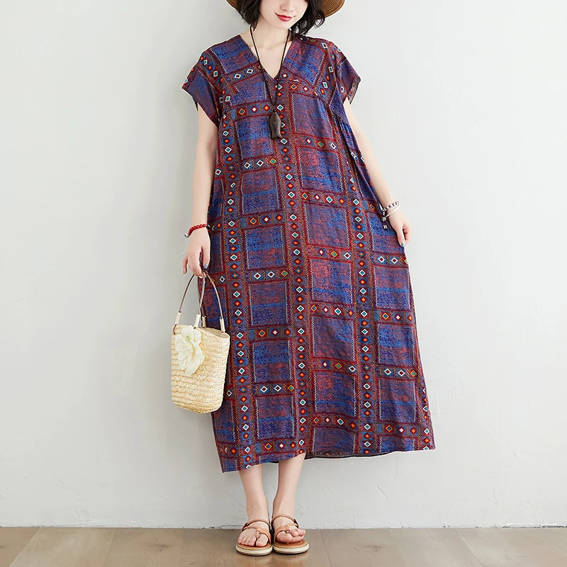 

Винтажное повседневное свободное платье из хлопка и льна, женские платья, длинное платье с модным принтом для полных девушек