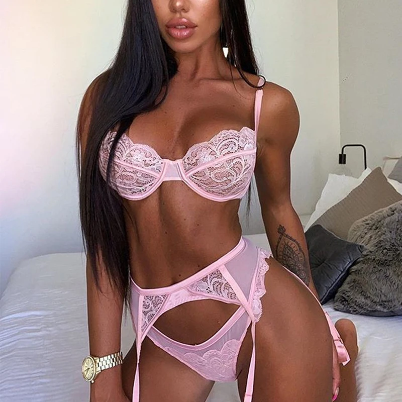 

2020 New Arrival Summer Fall Women's Sexy Lace Hollowout Wire Bra Thong Garters Suspender Three Piece Sets Nightwear Lingerie
