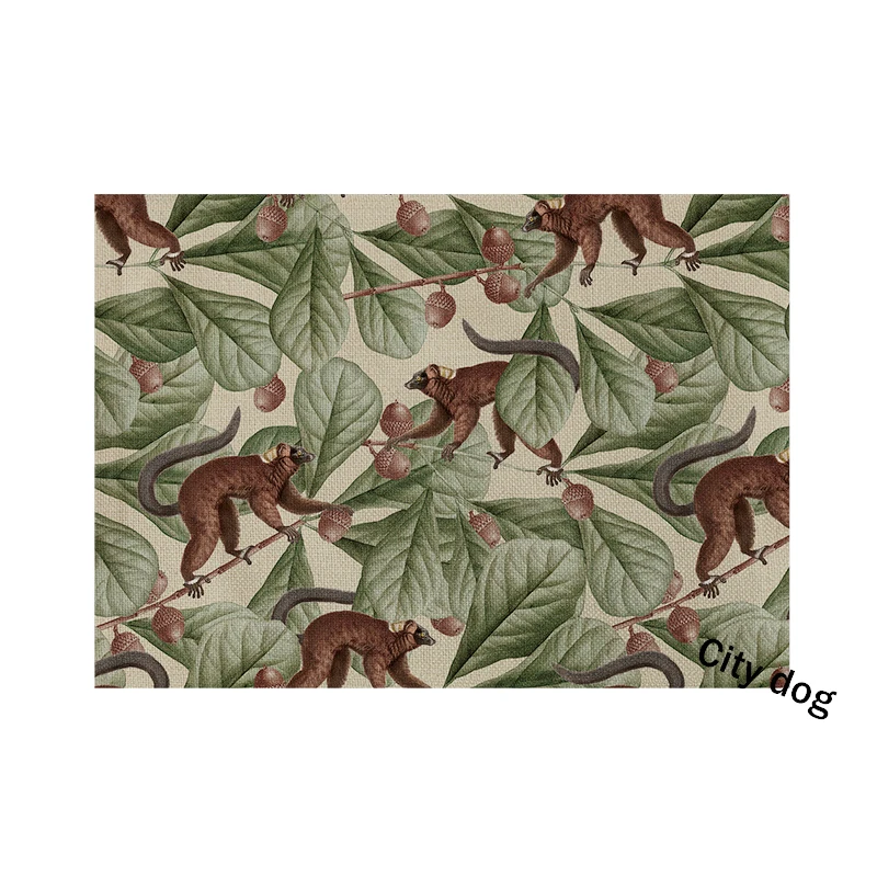 Southeast Asian style Placemat Green tropical plant leaves animal flamingo kangaroo giraffe hippo leopard Art Dining Table Mat |