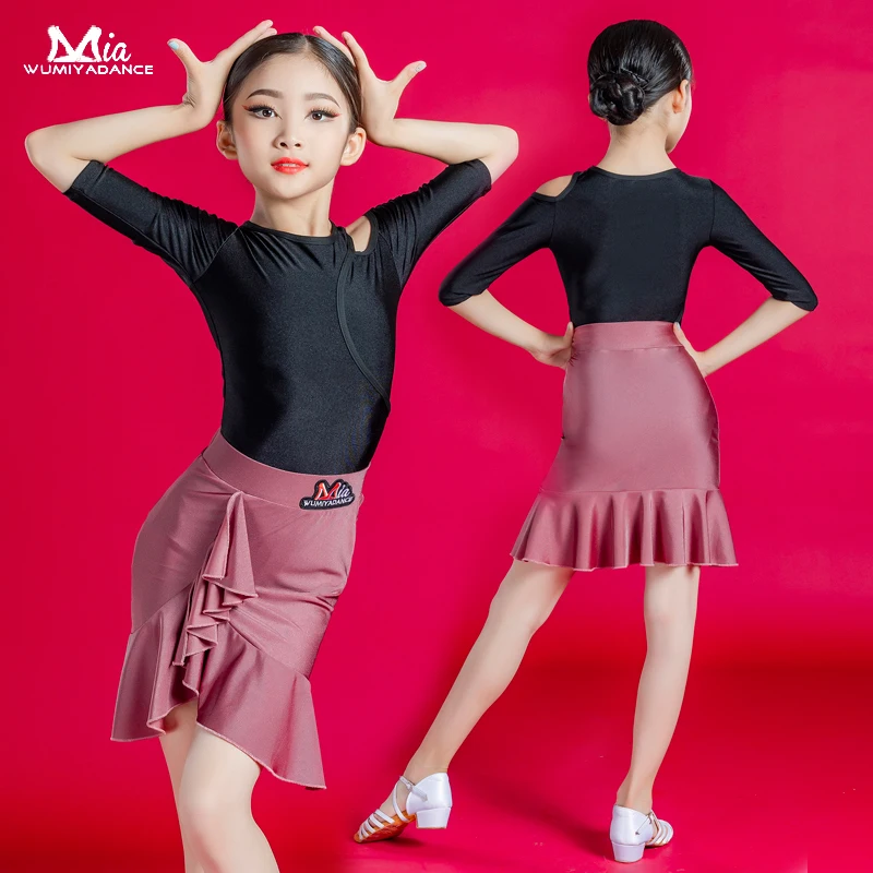 

Kids Latin Black Middle Sleeve Red Dress Children Latin Dance Performance Costumes Ballroom Rumba Dance Competition Skirt