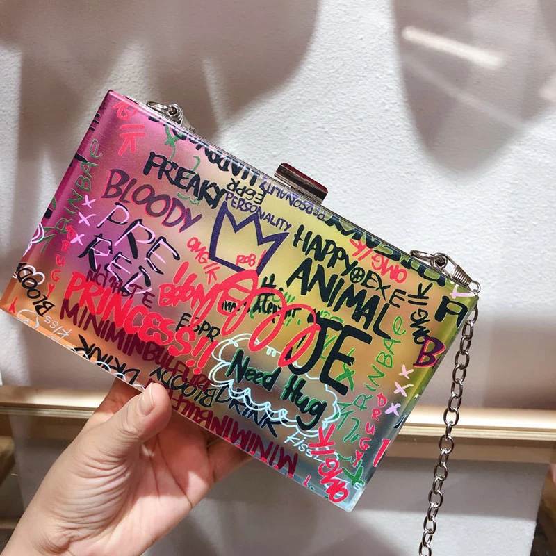Fivela de Corrente Verão Nova Mulher Bolsa Graffiti Moda Transparente Carta um Ombro Diagonal 2021