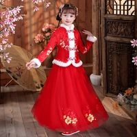 chinese new year red dresses printing fleece parkatulle skirt2pcs children clothes suits festival ceremonial robe wedding dress