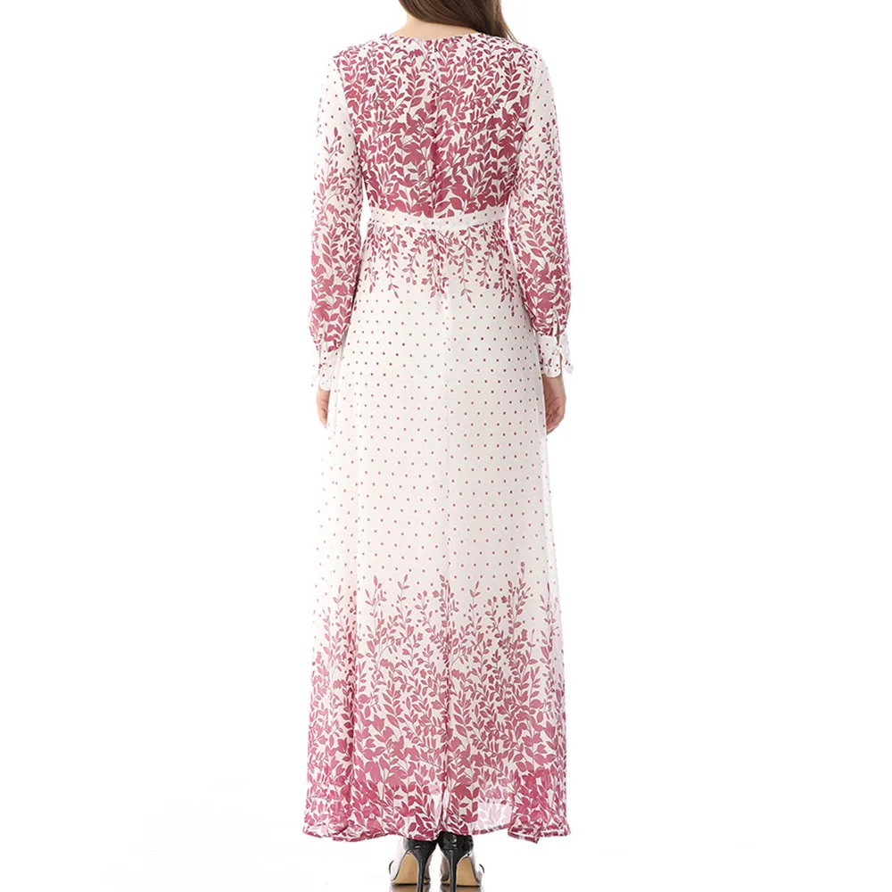 

Muslim Ladies Dresses Spring Autumn Fashion Loose Casual Temperament Elegant Wave Point Printing Round Neck Long Sleeve