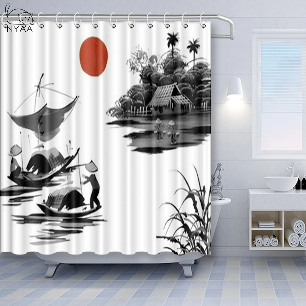 Занавеска для душа из полиэстера с принтом в виде лодки японская раскраска | Дом и