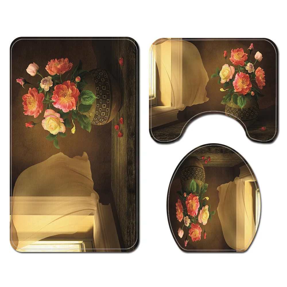 

Floral Printing Bathroom Carpet Rug Absorbent Toilet Seat Cover Mat Bathroom Mat Set Anti-Slip Foot Rug Toilet Seat Cover Mat
