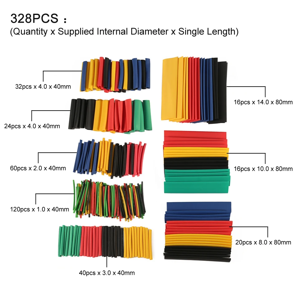 328 шт. термоусадочные полиолефиновые трубки в ассортименте|Изоляционные