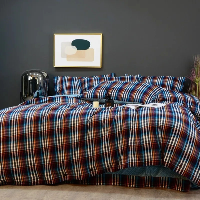 melhor 4 Pçs Xadrez Gingham Conjunto De Cama Com Button1 Duvet Cover + 1 Folha 2 Fronhas Algodão Grosso Tecido 800tc Ultra Macio Quente