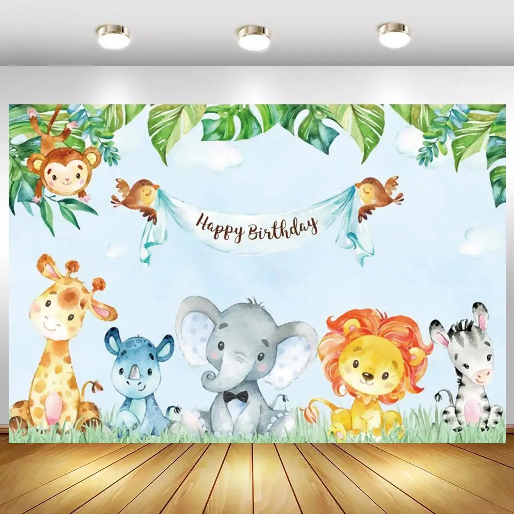 

Cartoon Animals Zoo Party Happy Birthday Photo Background Kids Cake Dinner Table Decor Backdrop Photography Spring Leaves