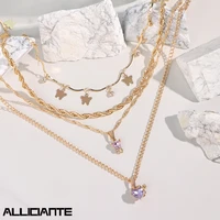multilayered gold color metal twisted chain necklaces for women purple crystal heart butterfly pendant necklace jewelry fashion