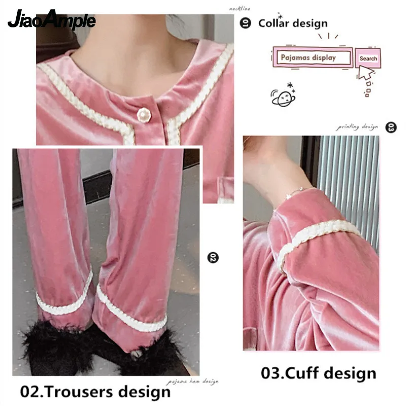 2022 Spring Autumn New Gold Velvet Pajamas Women's Elegant Pearl Button Long-sleeved Trousers Pijamas Suit Female Nightwear Set