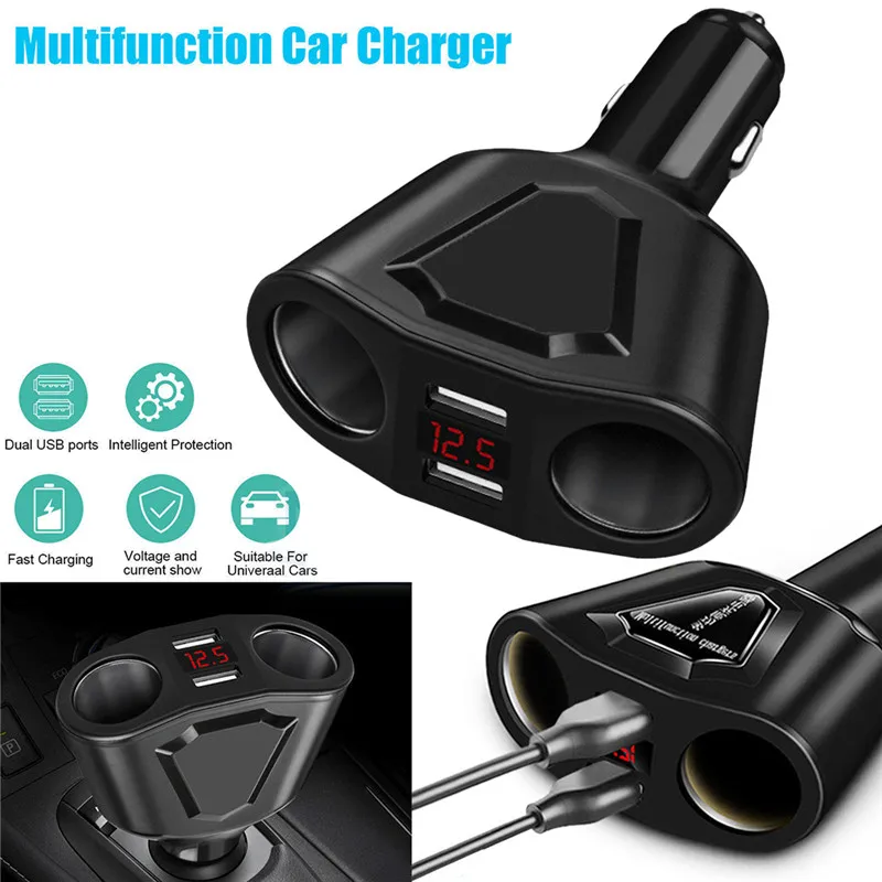 DC 12 В автомобильный ЖК прикуриватель разветвитель двойной USB зарядное устройство