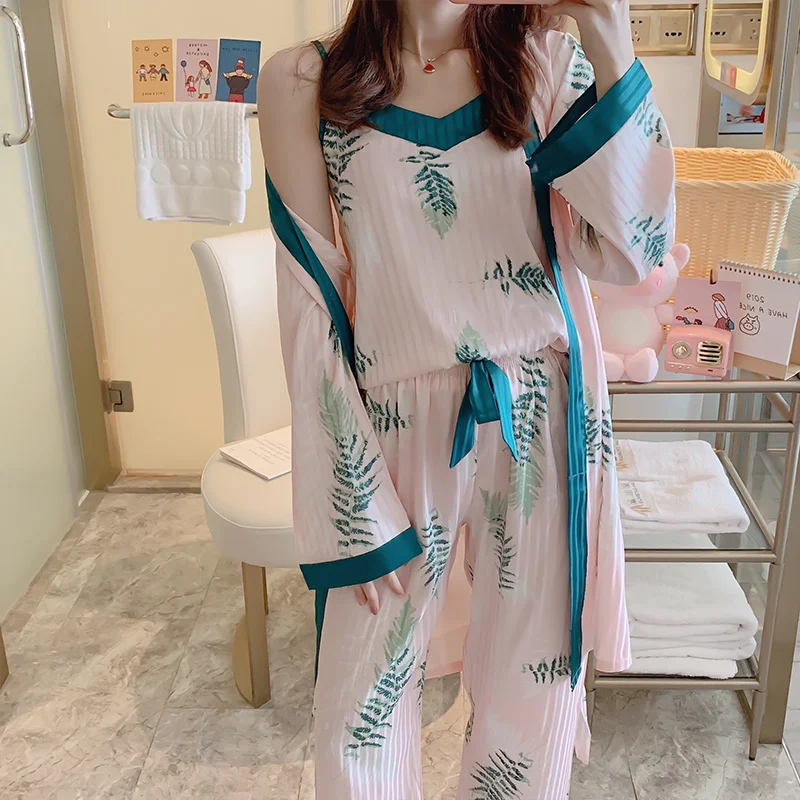 

Женские подтяжки, пижамы с длинным рукавом, дышащие, сексуальные, домашние, пальто + брюки, 3 шт.