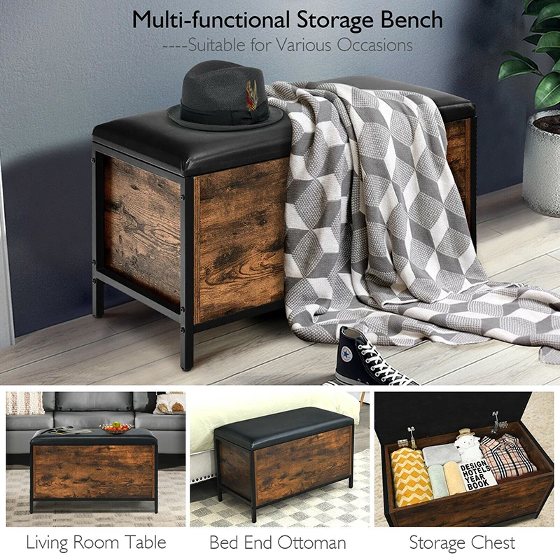 

Entryway Flip Top Ottoman Stool Comfortable PU Padded Seat Classic Wood Grained Surface Multiple Functions Bench Storage Box