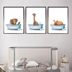 Милый плакат с принтом сафари для детской ванны с животными, жираф, слон, Рино на холсте, Скандинавская детская Настенная картина, декор для ванной и туалета
