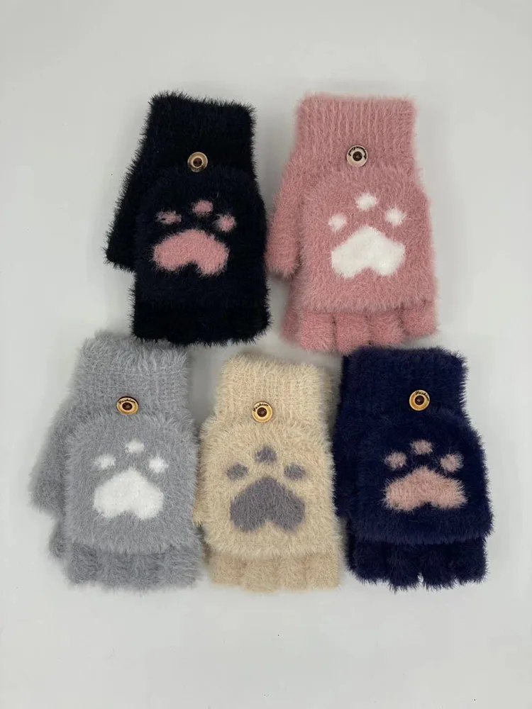 

Mittens Women's Wintercute Fluffy Cat's Claw Plush Fingerless Gloves Soft And Warm Half-finger Gloves Female Girls Mittens