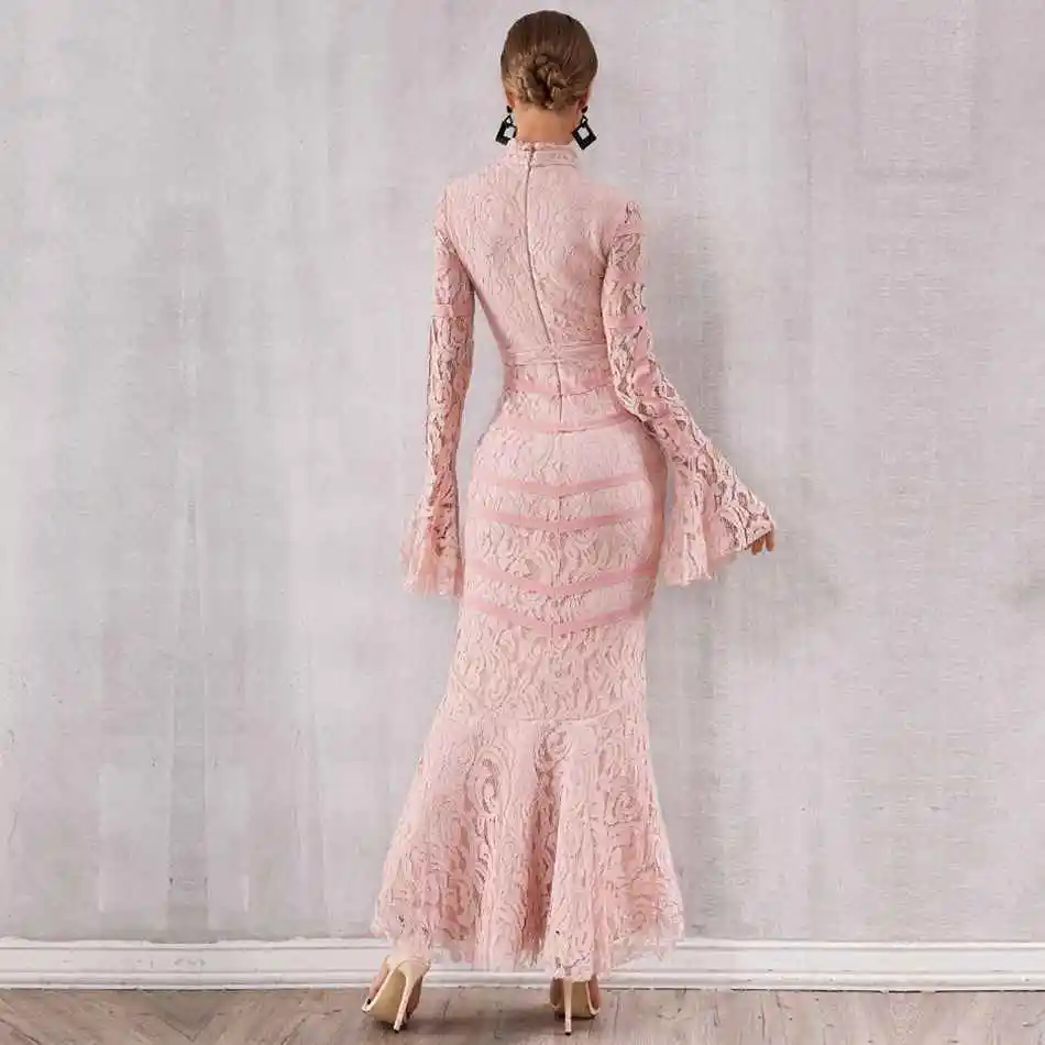 DressBird, женское осенне-зимнее Бандажное облегающее платье с длинным рукавом, Vestidos, сексуальное, кружевное, миди, розовое, черное, знаменитостей, вечерние платья, Vestido
