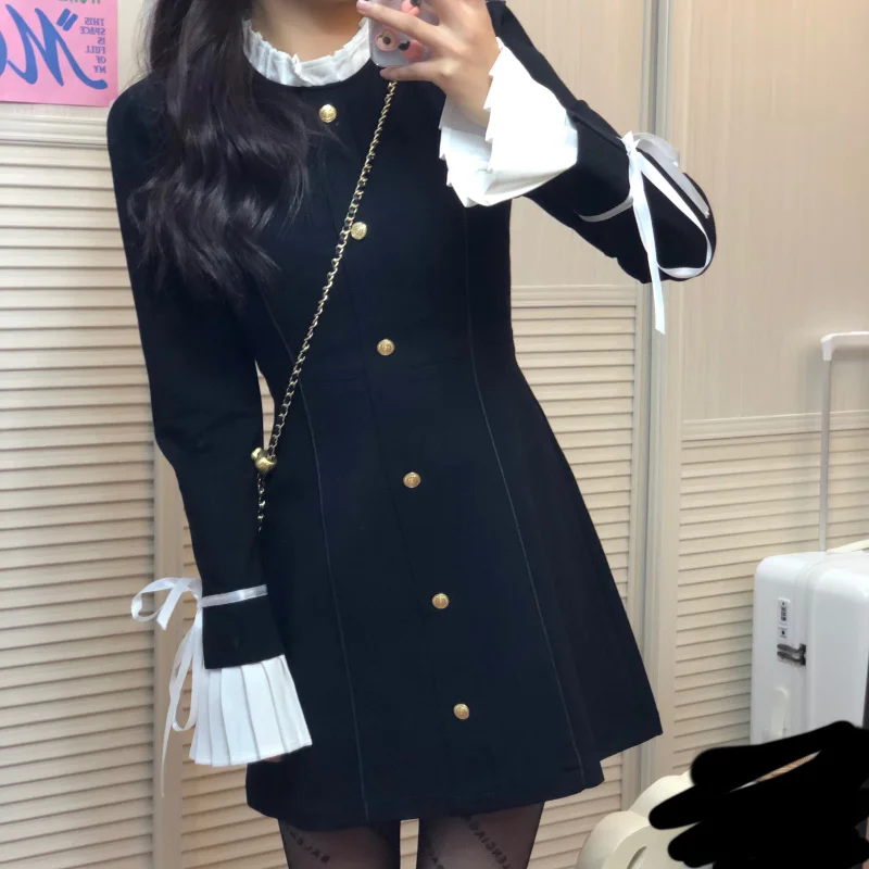 

Japanese Preppy Style Spring Autumn Women Mini Dress Ruffled Collar Black Bodycon A-Line Vestidos Mujer Petal Sleeve Sweet Dress